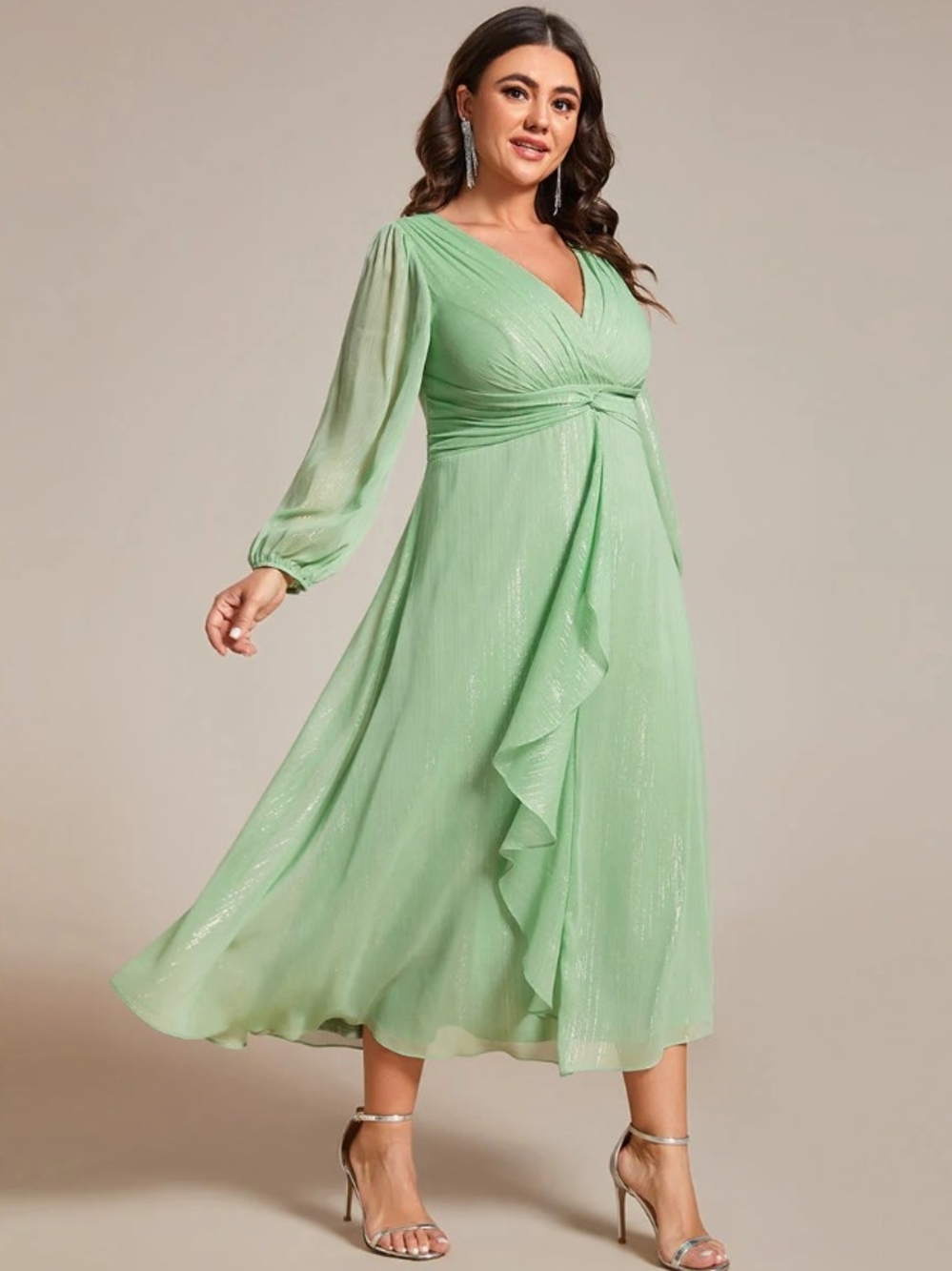 Elegant Ever-Pretty Summer Green Shiny Chiffon Long Sleeve Midi Dress - Size 18